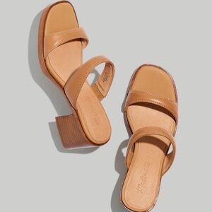Madewell Saige Double Strapped mules in leather. Color is Desert Camel